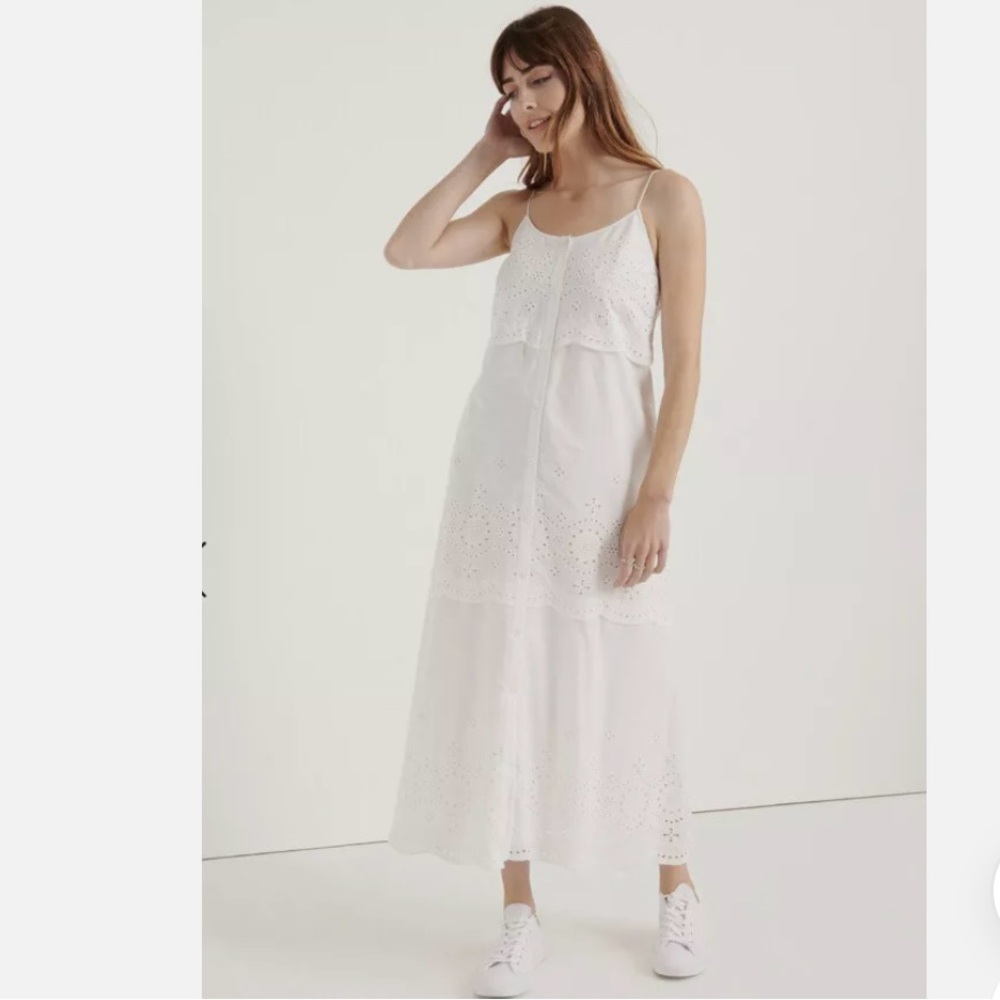 POMEGRANATE Eyelet Voile Tiered Maxi Dress White Floral Embroidered Size XL